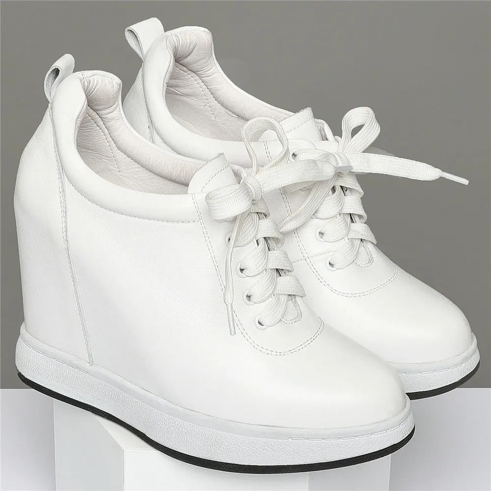 11cm High Heel Platform Oxfords Women Lace Up Genuine Leather Wedges Ankle Boots Female Round Toe Fashion Sneakers Casual Shoes