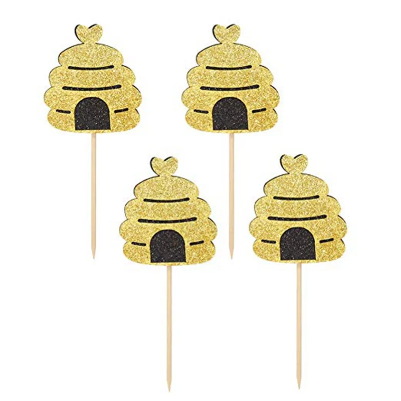 24Pcs Bumble Bee Cupcake Toppers Glitter Honeycomb Cake Topper Picks Baby Shower Gender Reveal Party Food Decoration Supplies images - 6