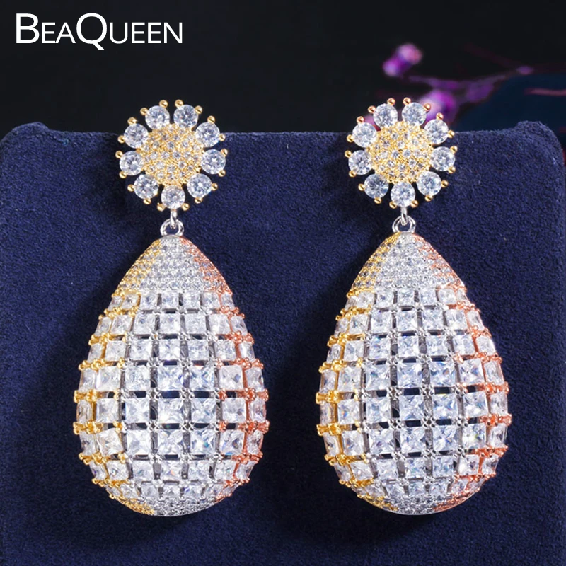 

BeaQueen Big 3 Tones Pineapple Luxury Design Full Micro Cubic Zircon African Wedding Dress Earrings Women Costume Jewelry E375