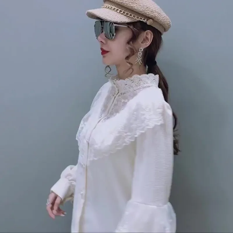 Женская блузка с воротником стойкой кружевная Свободная оборками в Корейском