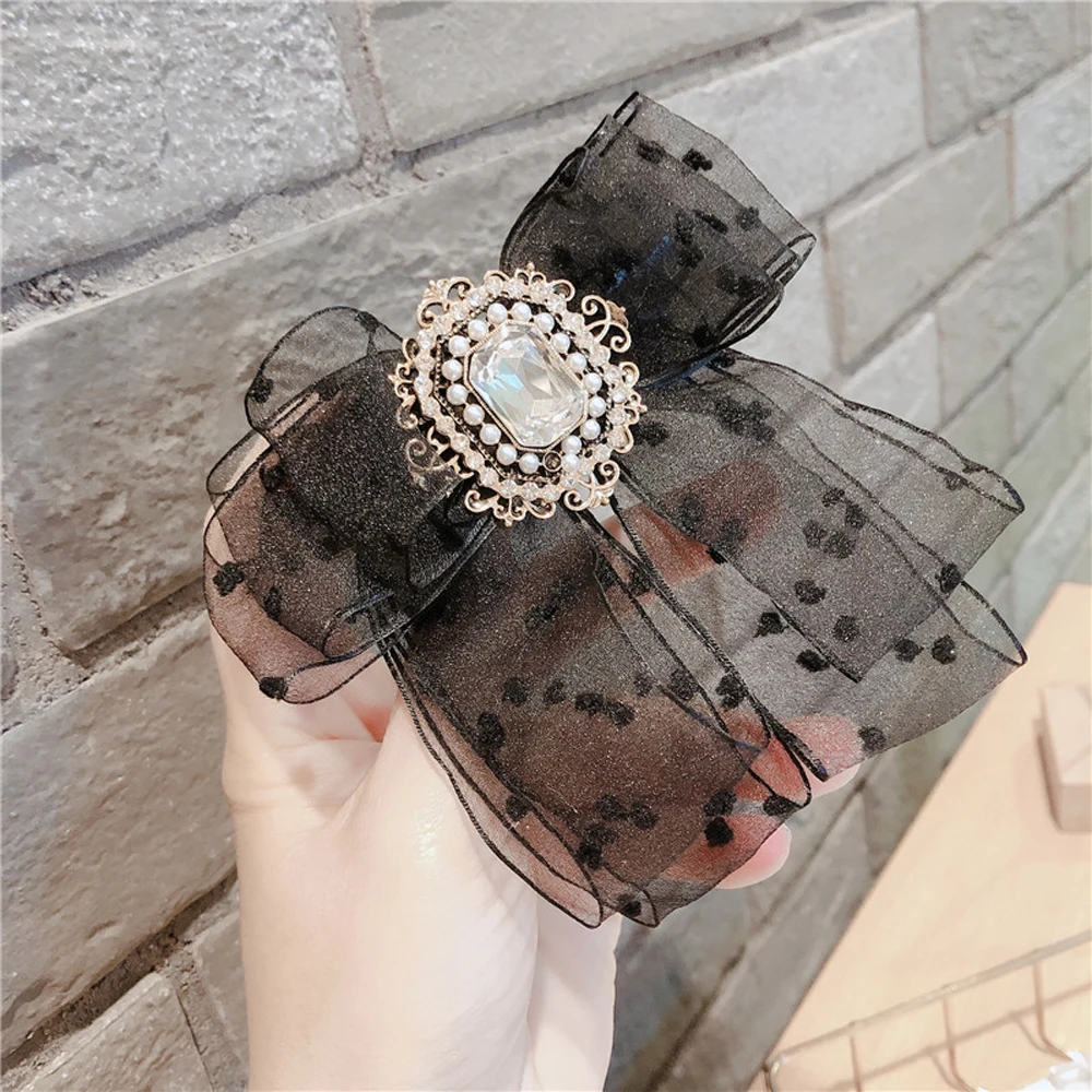 

New Fashion Girls Ponytail Holder Yarn Sweet Bow Hair Clips Crystal Dot Hairpin Pearl Spring Clip