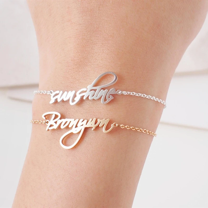 

Cursive Name Bracelet Femme Bileklik Stainless Steel Jewelry Rose Gold Silver Chain Personalized Nameplate Pulsera Hombre