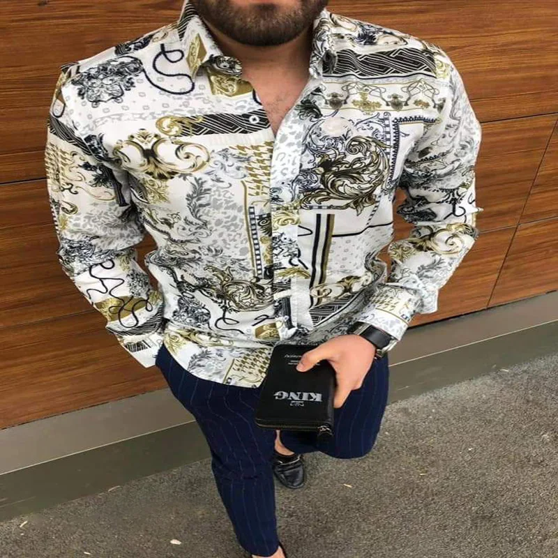 2021 Summer Men Clothing Shirt Casual Loose Turn-down Collar Vintage Printing Shirts Long Sleeve Tops Mens Fashion Streetwear