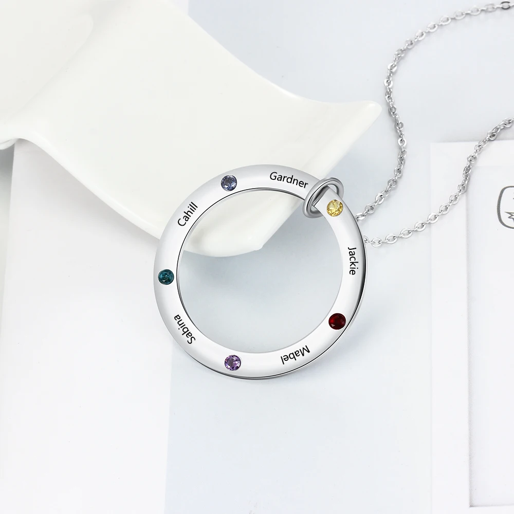 

Personalized Circle of Love Family Necklace with Birthstones Custom Engraved Name Necklace For Mom With Stainless Steel Chain