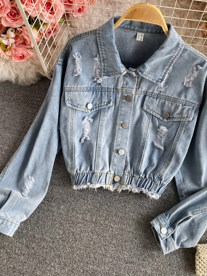

2021 Spring New Korean Fashion Long Bubble Sleeve Top Denim Jacket Vintage Hole Worn Pocket Buttons Jeans Jackets Coats Women