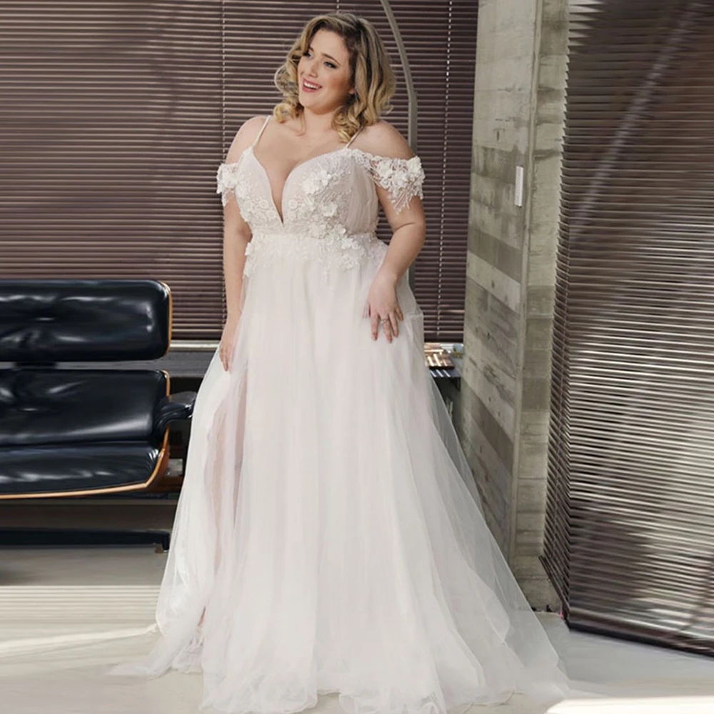 

Sweetheart Plus Size Wedding Dress A-Line Tulle Spaghetii Strap Appliques Off the Shoulder Bridal Gowns 2021 Vestidos De Noivas