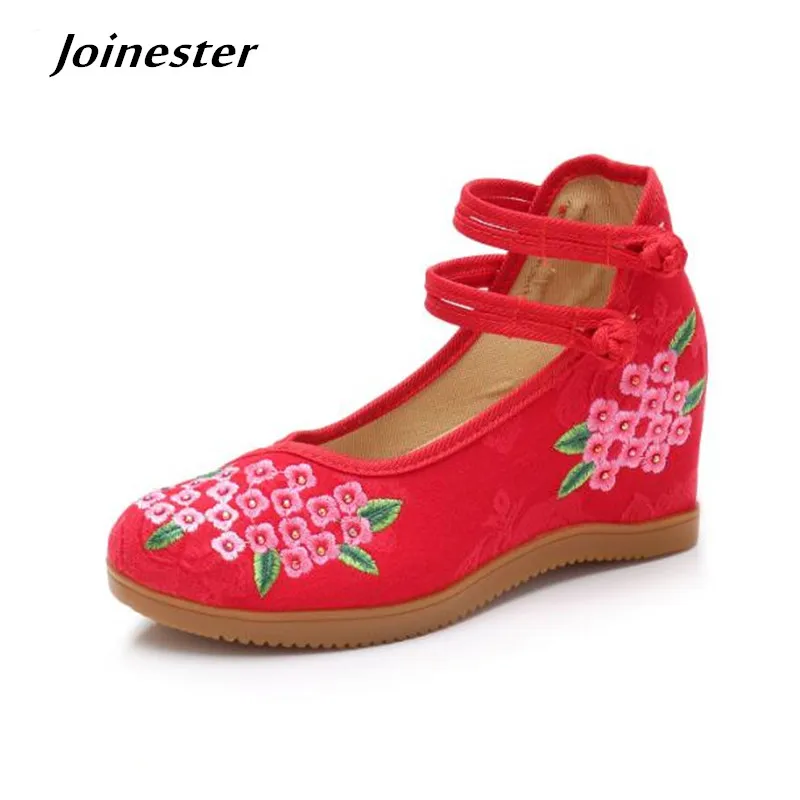 

Floral Embroidered Women Canvas Wedge Pumps Ladies Ethnic Mary Jane Dress Shoes Mid-Heel Vintage Casual Espadrilles for Female