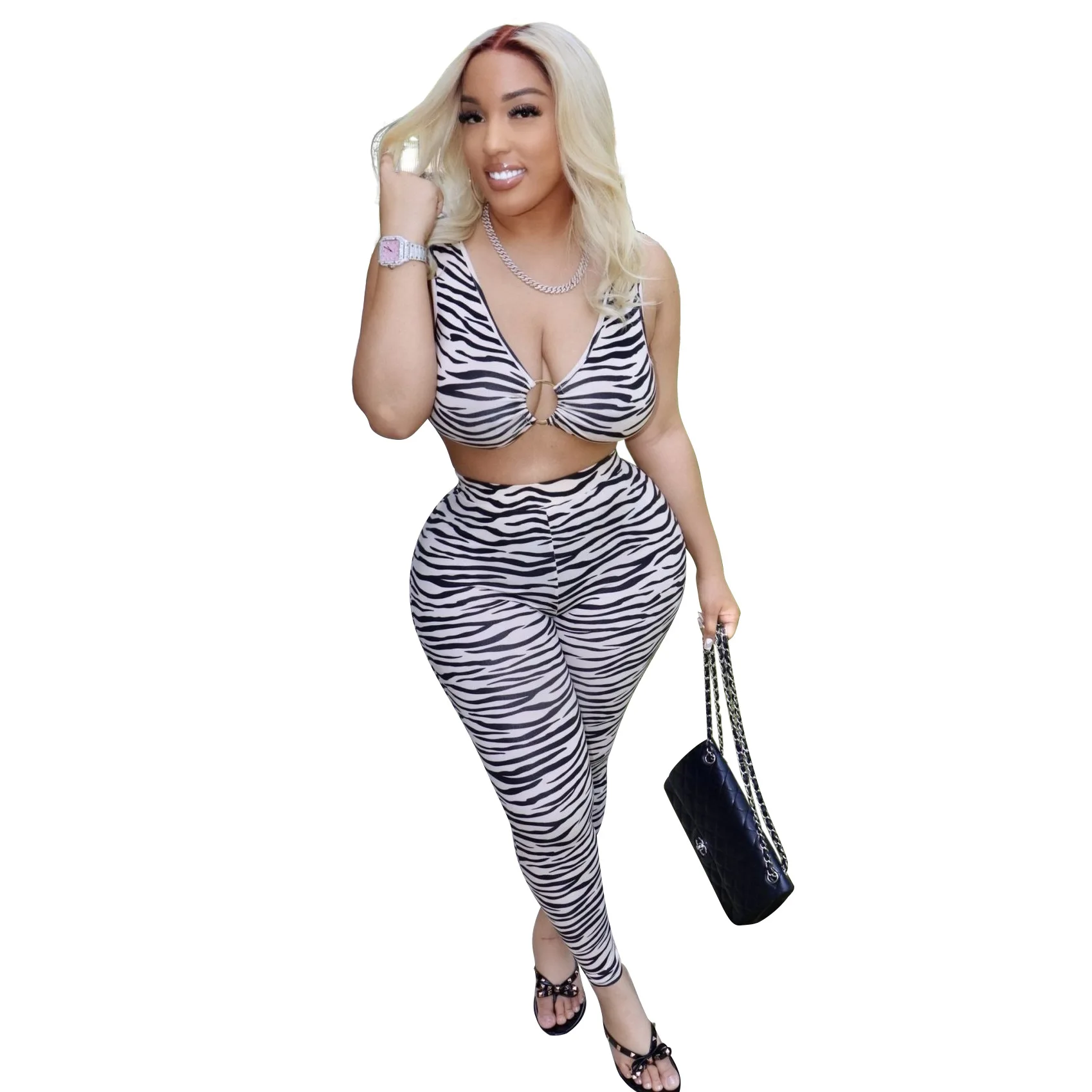 

Donsignet Women Set Fashion European and American Ladies Striped Print Suit Sexy Crop Top Vest Skinny Sports Casual Suit