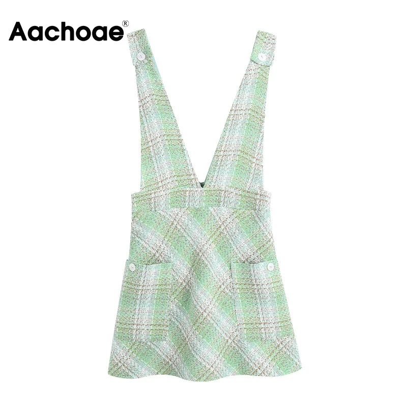 

Aachoae Women Sweet Spaghetti Strap Tweed Mini Dresses Deep V Neck Sleeveless Backless A Line Dress Female Green Color Dress