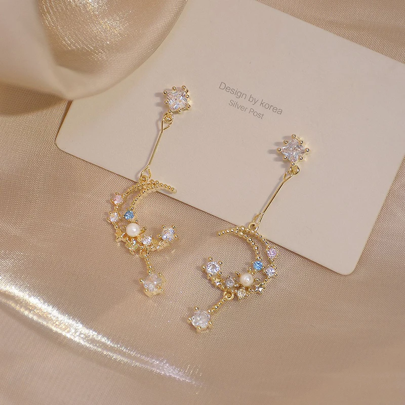 

Temperament Inlaid Colorful CZ Pearl Moon Women Earring Charm 14K Real Gold Transparent Zircon Drop Earring Daily Jewelry