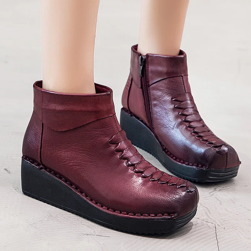 GKTINOO Genuine Leather Shoes Women Boots 2020 Autumn Winter Vintage Handmade Ankle Soft Casual Wedges Heels Woman | Обувь