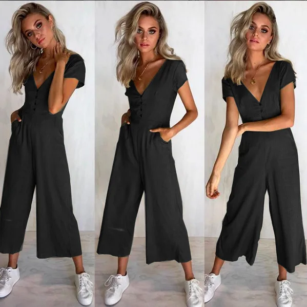 

New Hot Sale Casual Boot Cut Solid Button Female Jumpsuits Solid Short Sleeve Calf-length Pants Jumpsuits Holiday
