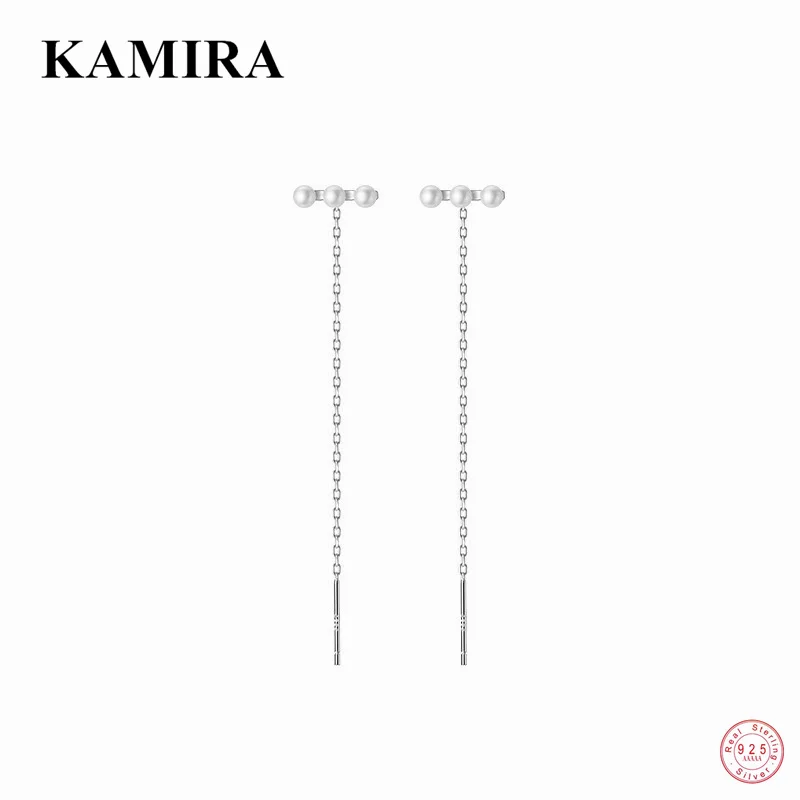 

KAMIRA 925 Sterling Silver Elegant Long Line Chain Synthetic Pearl Stud Earrings for Women Anniversary Pierced Fine Jewelry Gift