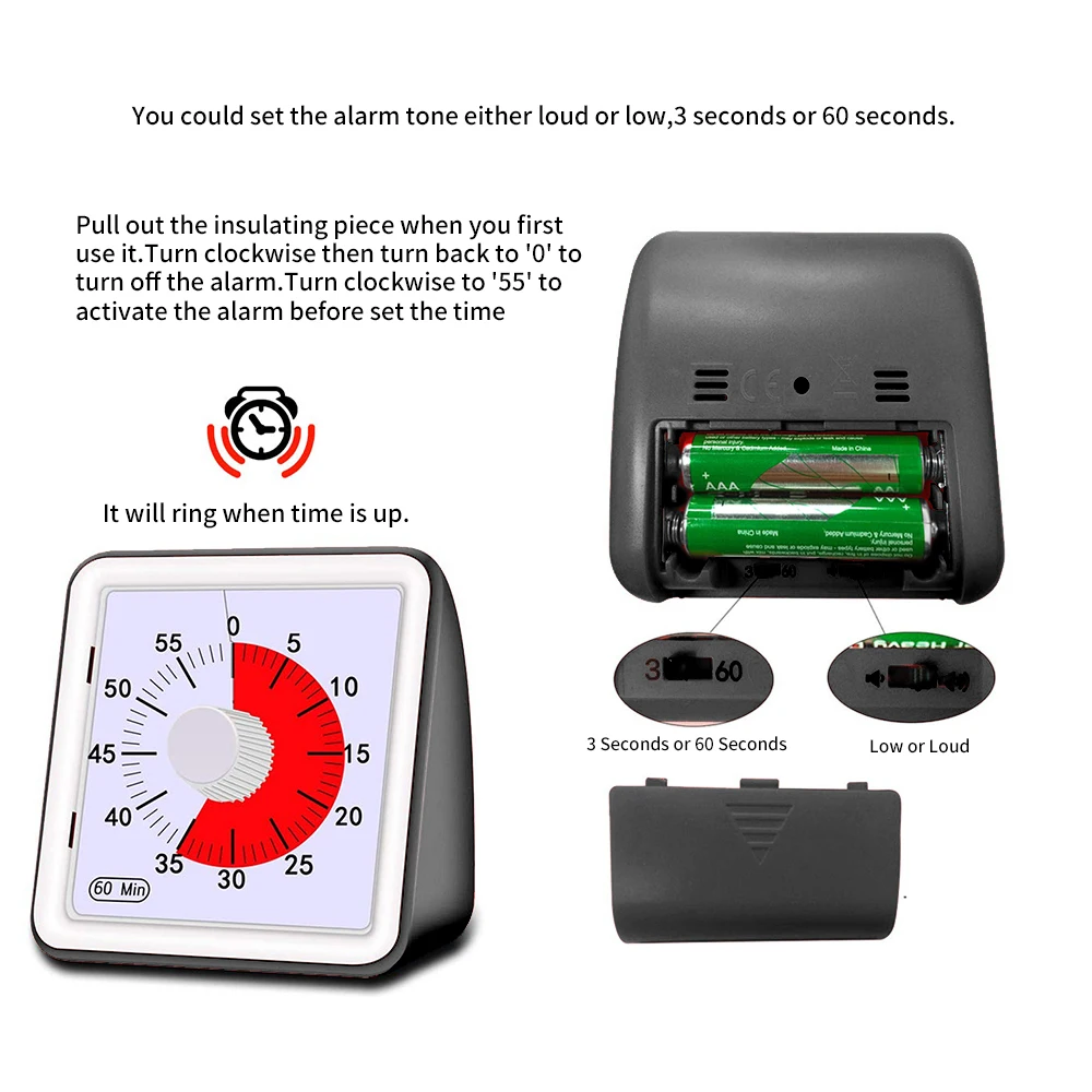 60 минут визуальный аналоговый таймер тихий Обратный отсчет часы управление
