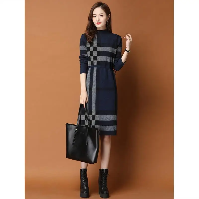Женское Повседневное трикотажное платье-свитер клетчатый пуловер составного