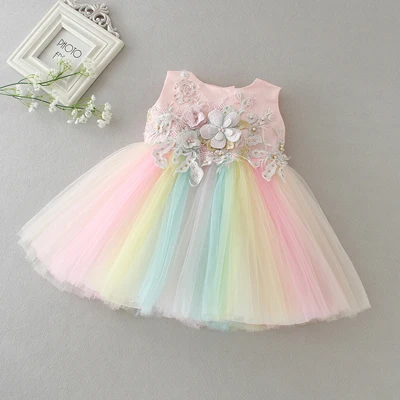 Детские платья принцессы с аппликацией для девочек, Радужное вечерние платье из тюля для дня рождения платье для маленьких девочек одежда для малышей от 3 до 24 месяцев