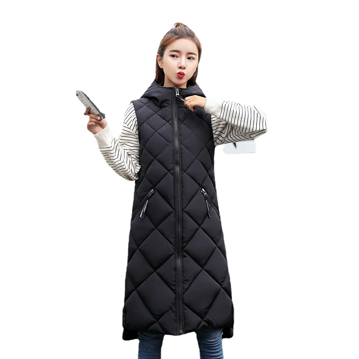 

Women Winter Long Hooded Big Pocket Quilted Windproof Warm Waistcoat Puffer Jacket Cotton Padded Wadded Overcoat