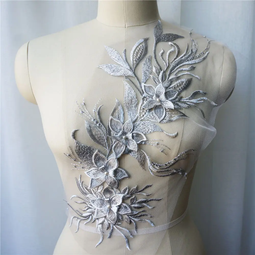 Белая черная серая 3D Цветочная кисточка кружевная ткань аппликации вышитый