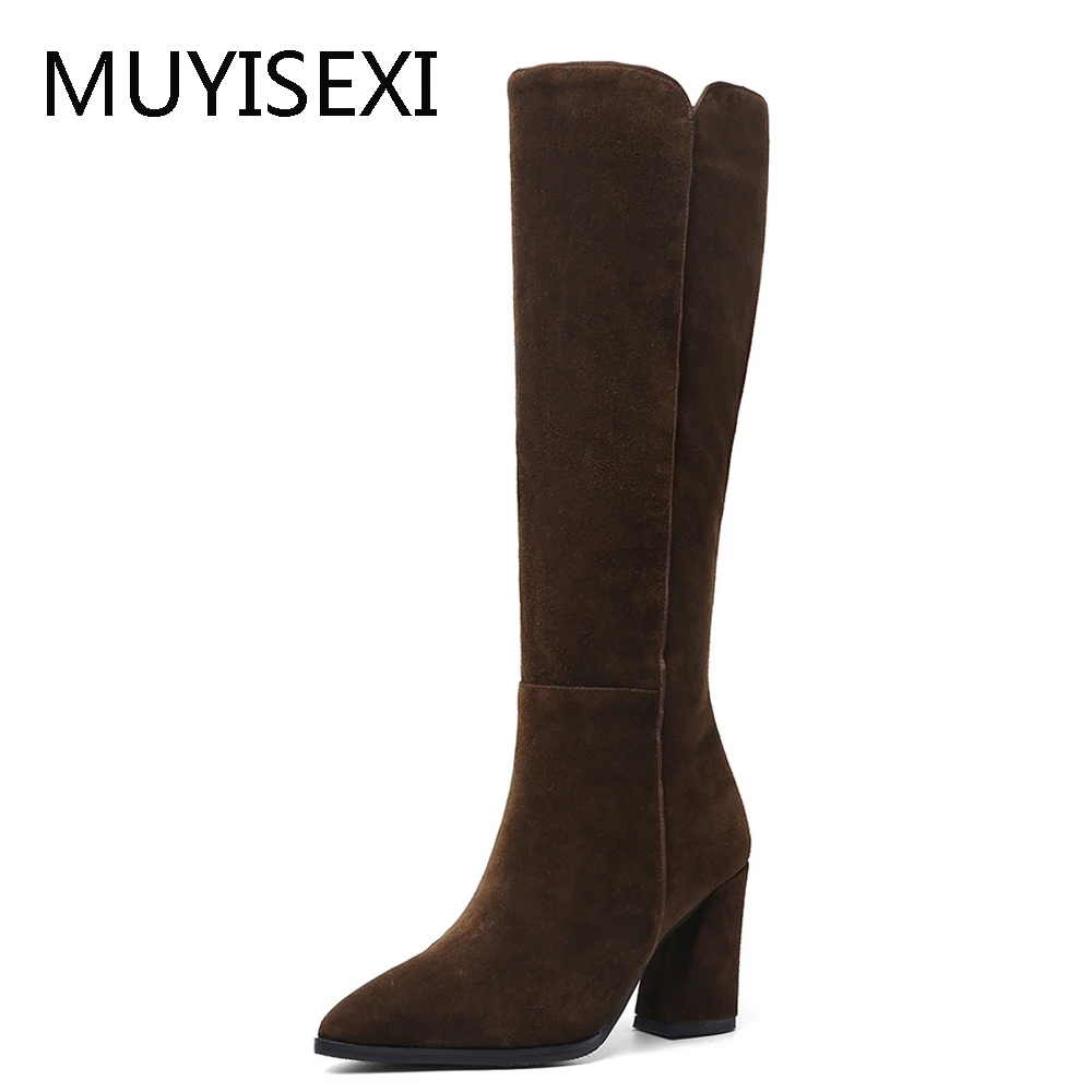 Сапоги женские зимние до колена на высоком каблуке 8 см с острым носком|Ботфорты| |