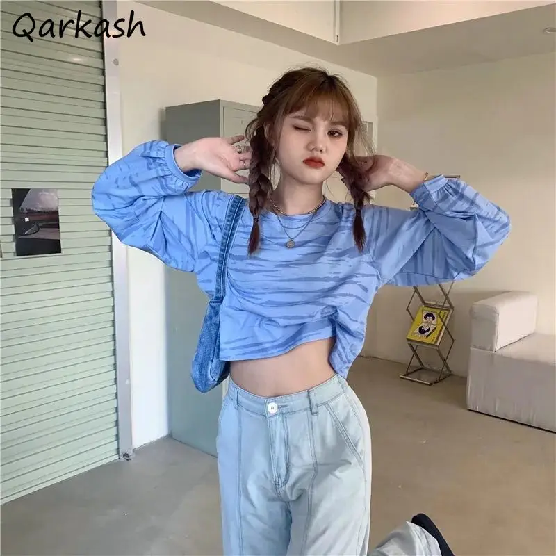 

T-shirts Women Crop Tops Spring Autumn Streetwear Fashionable Zebra-pattern Lantern Sleeve Girls Loose Comfortable Korean Style