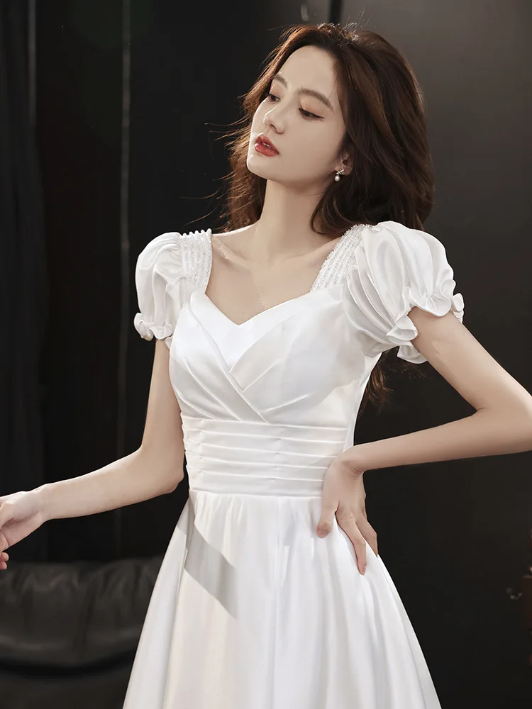 

Graceful Short Puff Sleeve Quinceanera Dresses Lovely V-Neck Backless Solid Color Tea-Length Slim A-Line Birthday Party Gowns