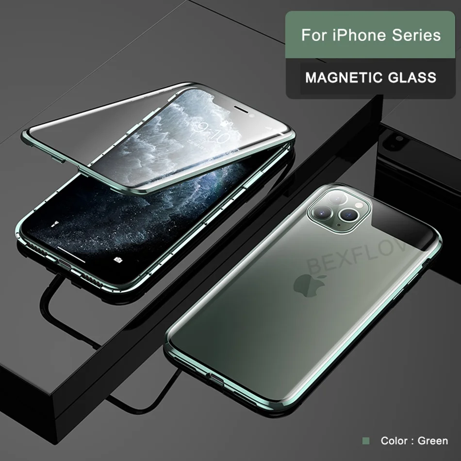 360 брендовый металлический чехол для iPhone 6 7 8 Plus XS XR MAX чехол Магнитный Роскошный чехол из закаленного стекла для Apple iPhone 11 Pro Max - Цвет: Green