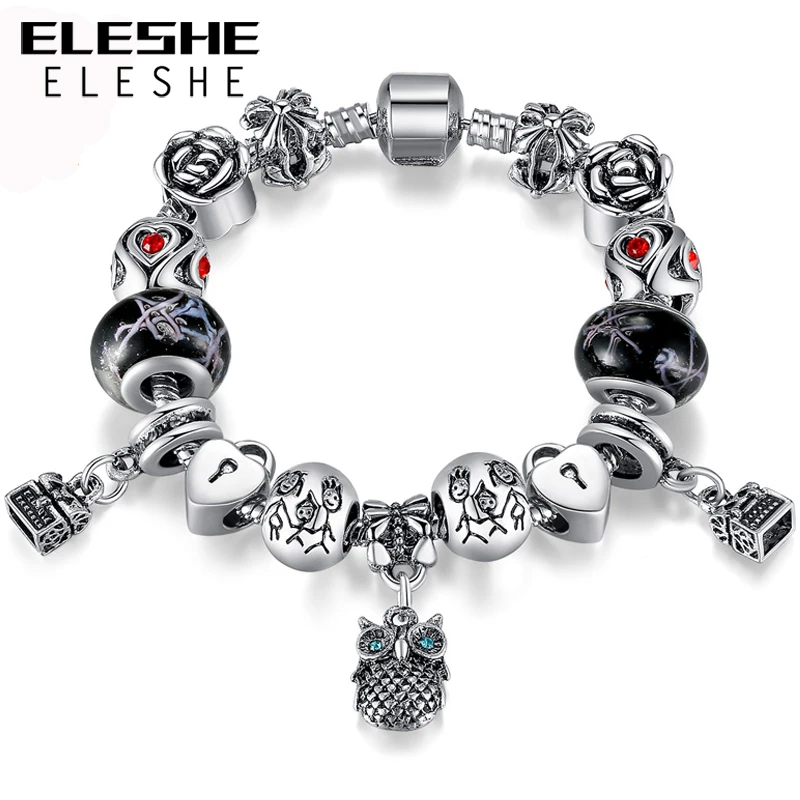 ELESHE тибетский серебряный Амулет браслет с CZ совой очарование черный муранские