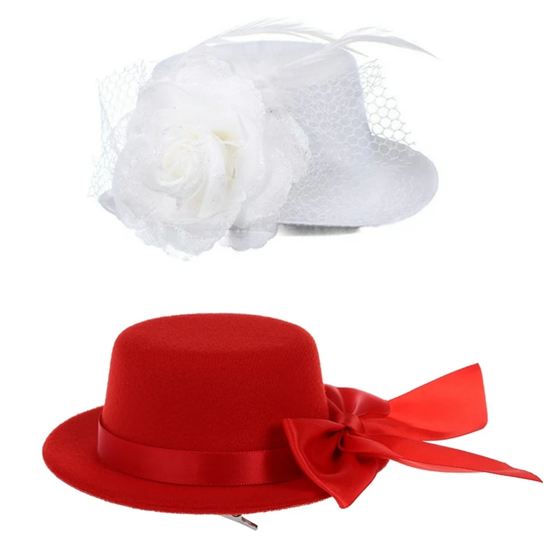 Женская мини шляпа Вуалетка Burlesque Millinery с бантом красная и белая перьевая из