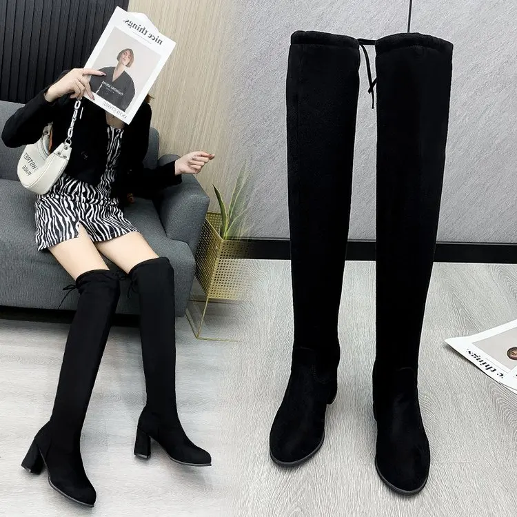 

2021 New Women's Knee High Boots Soft Flock Ladies Long Boots Slip On Fashion Boot Thick Platform Round Toe Female Shoes Winter