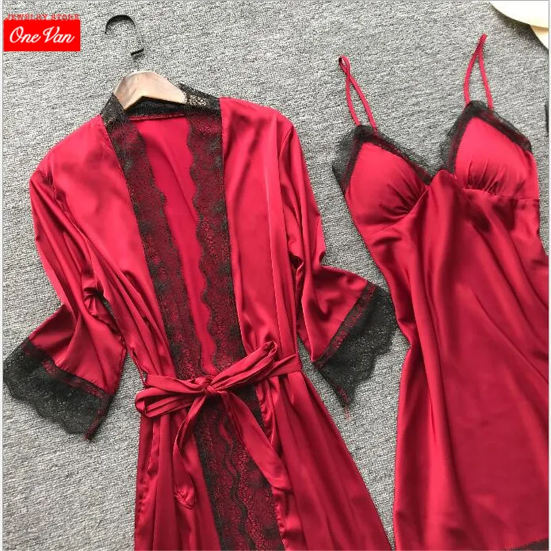 

2020 Sexy Pijama Plus Size 2XL 4 Pieces Nightwear Pyjama Spaghetti Strap Women Pajamas Sets Satin Sleepwear Silk Lace Sleep