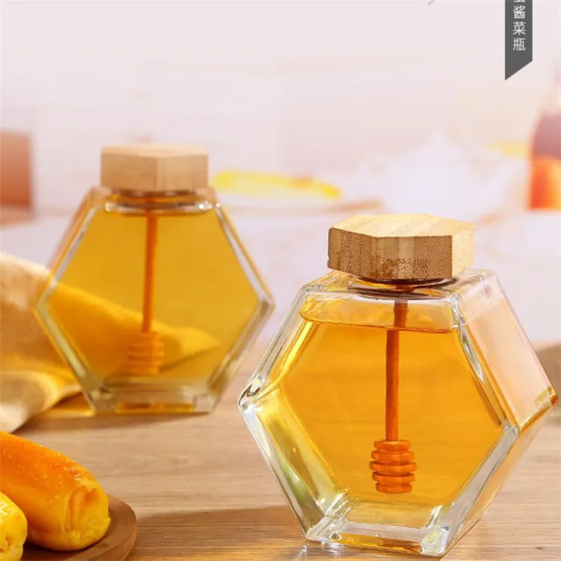 Glass Honey Jar With Honey Stir Bar 220ML/380ML Mini Small Honey Bottle Container Pot With Splash Bar Stirring Rod Hammer