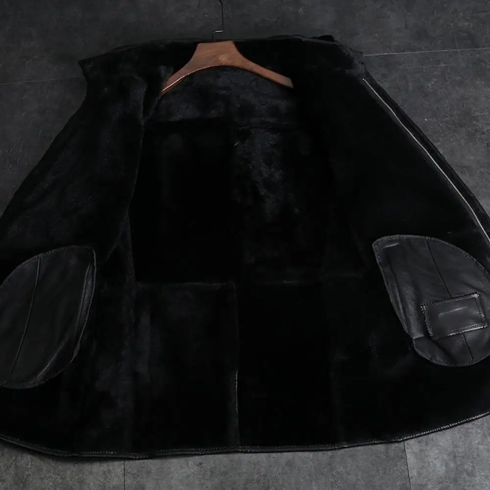 2019 Черная Мужская овчина с капюшоном мужская дубленка куртка меховое пальто