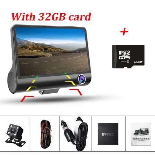 With 32GB Card Podofo Dash Cam 3 Камера s объектив Видеорегистраторы для автомобилей 4 дюйма ЖК-дисплей Экран 170 градусов с зеркалом заднего вида Камера Автомобильный видеорегистратор g-датчик тире камера - Название цвета: With 32GB Card