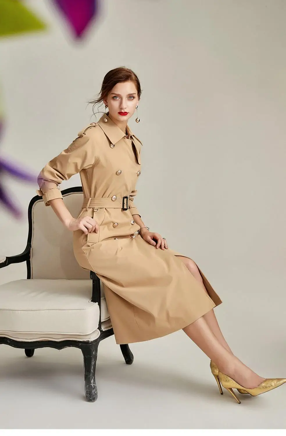 Женский облегающий Тренч с отложным воротником элегантный двубортный