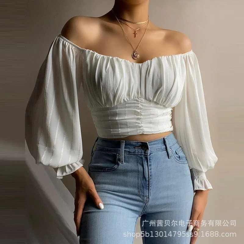 

WEPBEL Women Sexy Spring Summer Crop Top Shirt Ladies Elegant Long Lantern Sleeve V Neck Off Shoulder Corset Short T-shirt