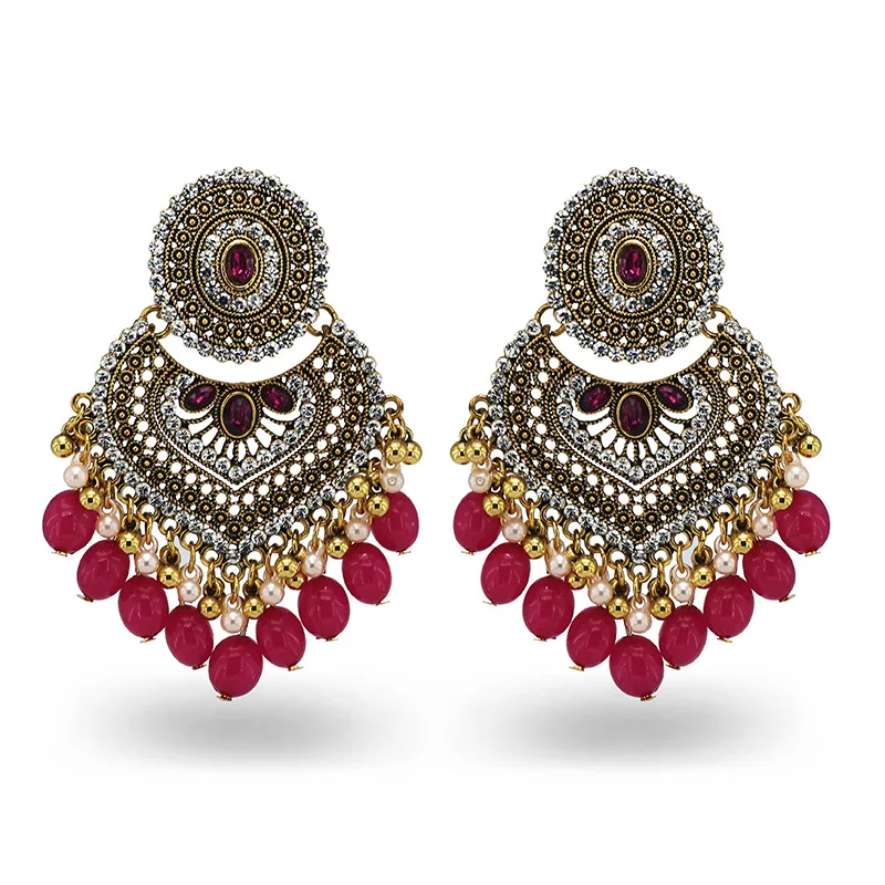

Ins Indian Gold Jhumki Jhumka Handmade Pearl Beads Colorful Bling Bridal Piercing Earrings Vintage Trendy Women Party Jewelry