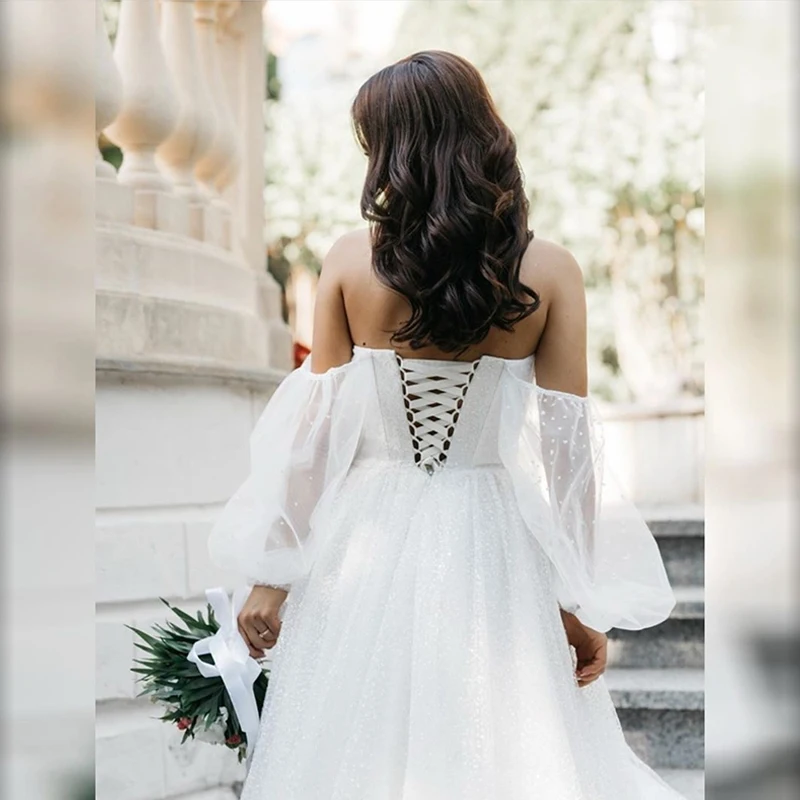 Elegant Wedding Dresses A-Line Sweetheart Puff Sleeves Tulle Snow Net Floor-length Lace Up Sashes Bridal Gowns Vestido De Novia
