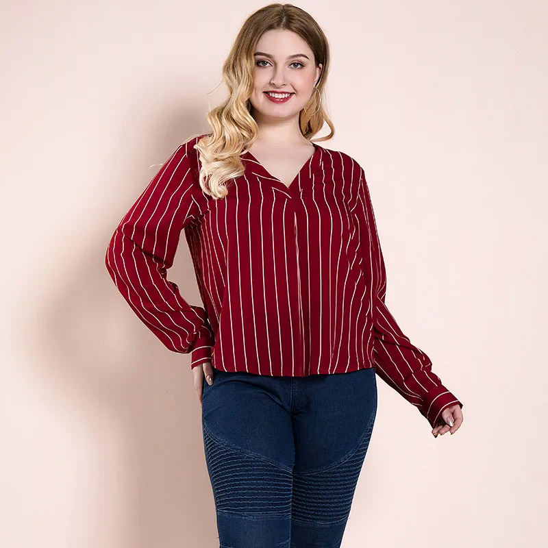 

Women's T-shirt Large Size Red Shirt Aestheti Solid Vertical Down Striped Long Sleeved Shirt Women's Tops for Spring Summer 2021