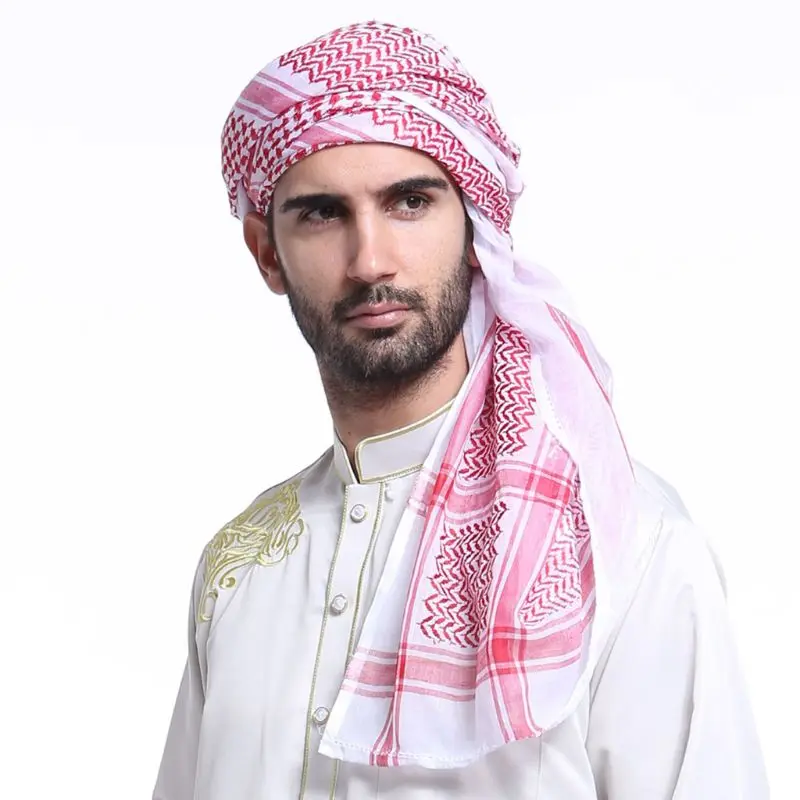 

140x140CM Mens Headscarf Turban Hat Muslim Arab Dubai Retro Geometric Wavy Patterns Jacquard Square Scarf Shawl Islamic