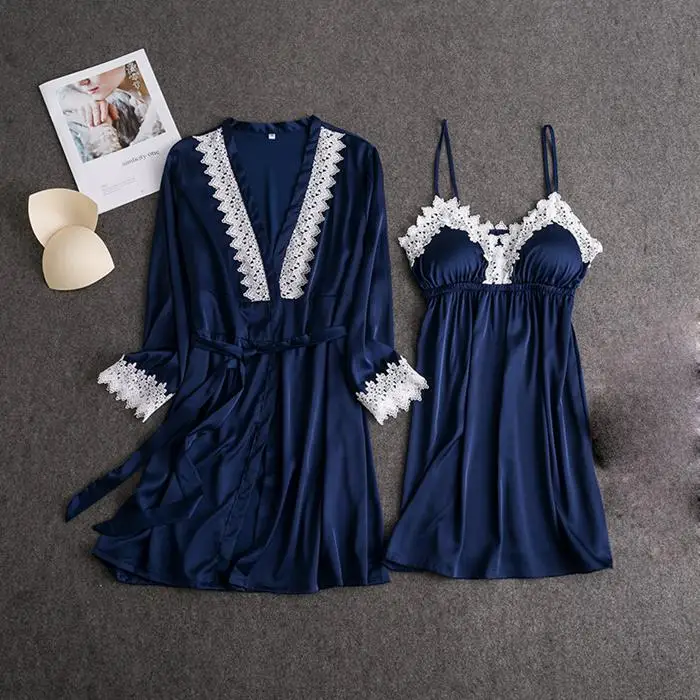 Blue Robe Set Женское сексуальное кружевное кимоно, халат, атласное однотонное платье для свадьбы, невесты, подружек невесты, ночная рубашка, кружевное вискозное Женское ночное белье, пижама - Цвет: Blue Robe Set
