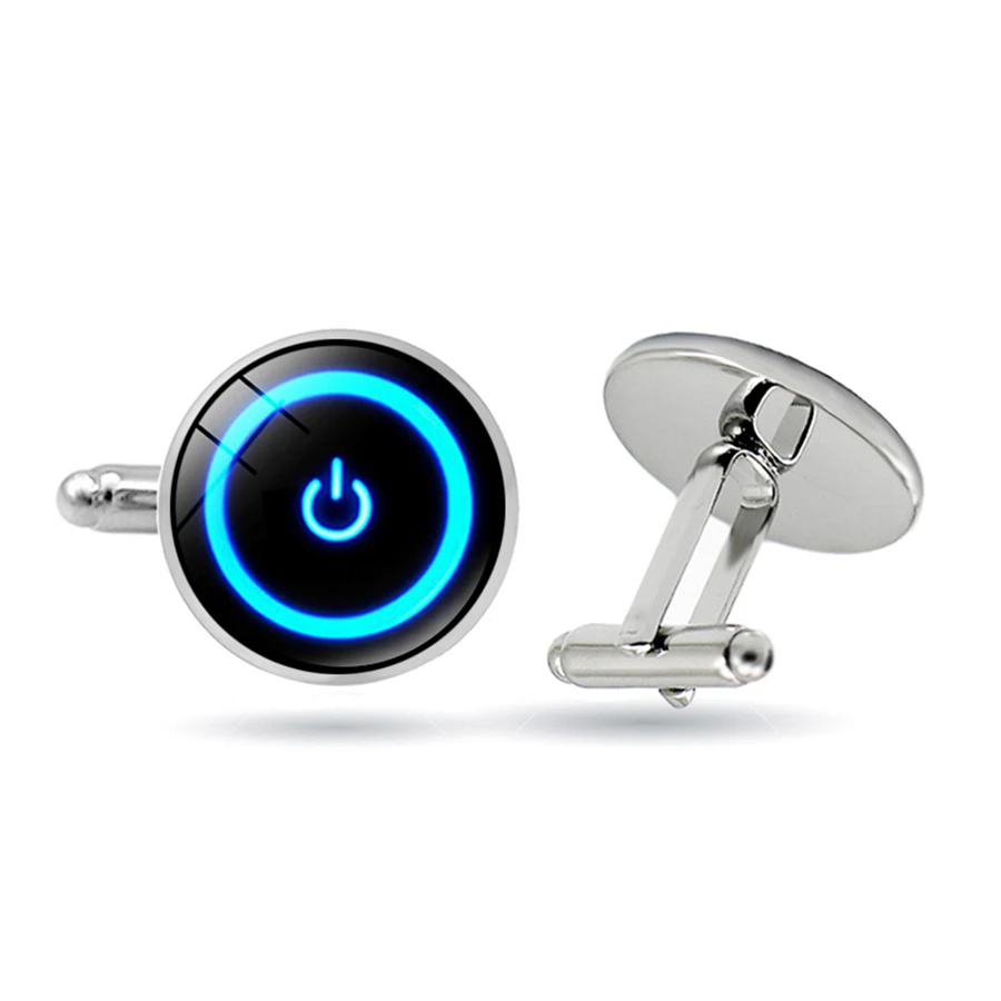 Кнопка питания запонки-компьютеры символ Синяя кнопка переключатель запонки Tech