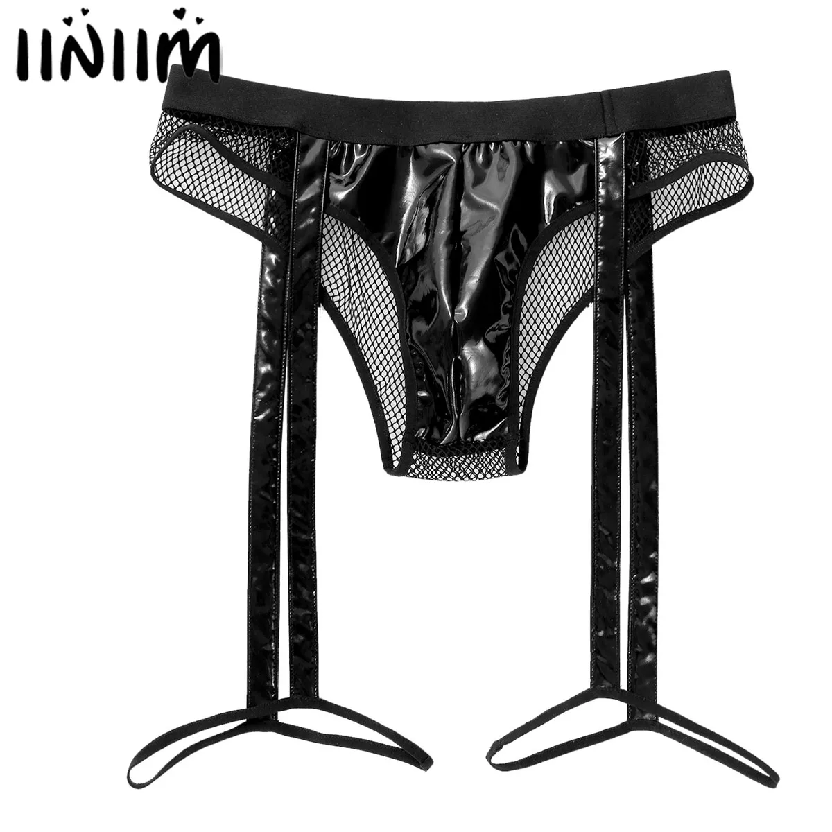 

Мужские кожаные трусы, блестящие Трусы из лакированной кожи, прозрачные ажурные трусы с эластичным поясом, подвязки для нижнего белья