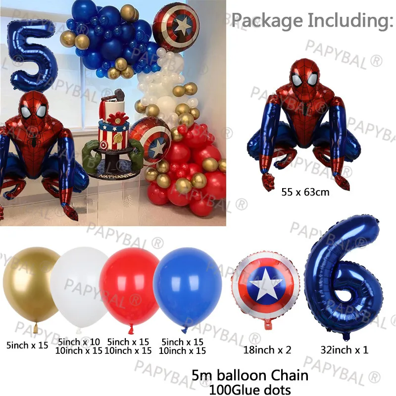 Juego de Globos de fiesta de Marvel para ni&ntilde;os, Kit de Globos de arco rojo y azul cromado, decoraci&oacute;n para fiesta de cumplea&ntilde;os, Baby Shower, Spiderman, 106 Uds.-4