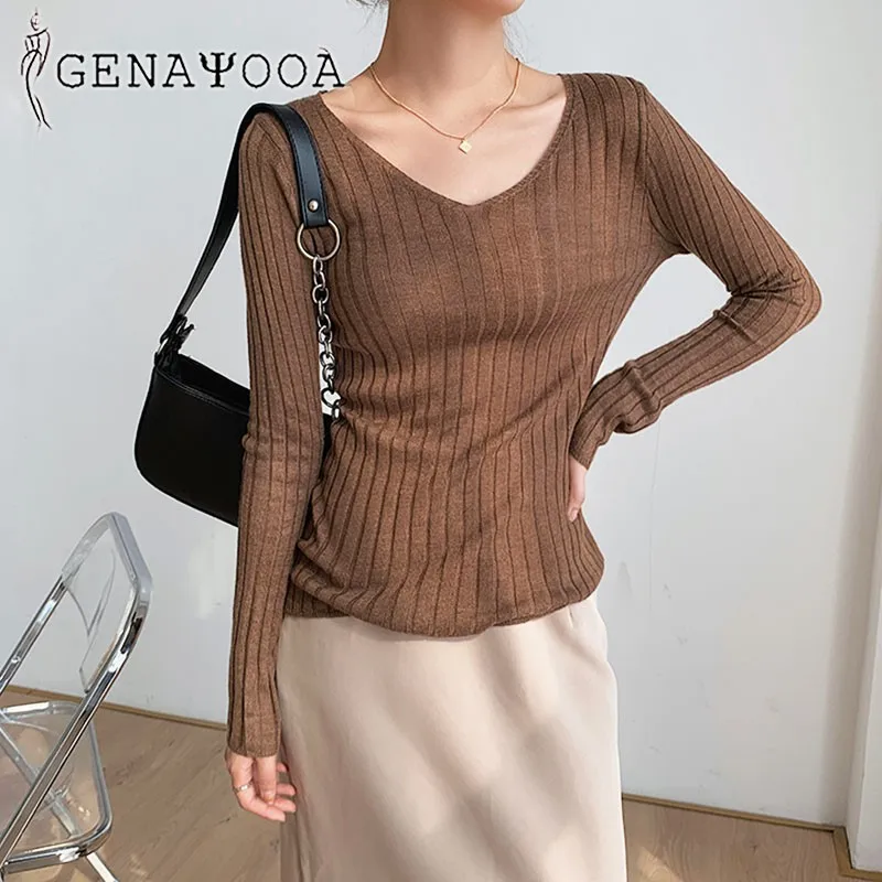 

Genayooa Elgant Slim Sweater Women 2020 Autumn Winter Korean Style Ladies Jumper Thin V-neck Pullover Basic Knitted Tops Chic
