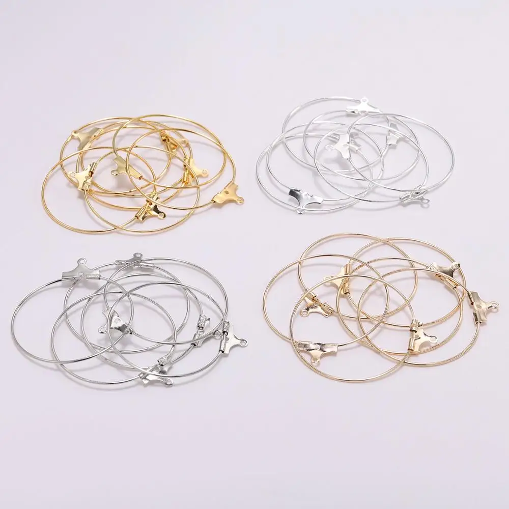 

30Pcs/lot 25 30 40 mm Gold Rhodium Earwire Hanging Big Round Wire Hoop Earrings For DIY Jewelry Making Findings Supplies