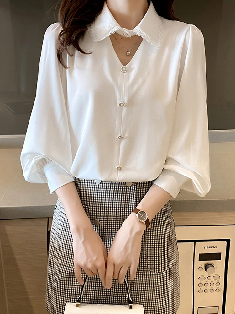 

Houthion Casual Shirt New Long-sleeved Silk Blouse V-neck Buttons Solid Color Plus Size Comfortable Fashion Tops Lady Blusas