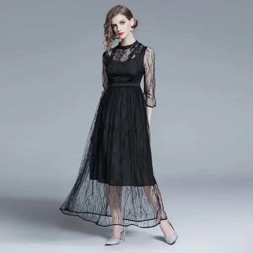 

Luxuly Women Summer Runway Mesh Lace Party Dress Vestidos Ladies Slim Black Perspective Dresses Half Sleeve Lady Party Dresses