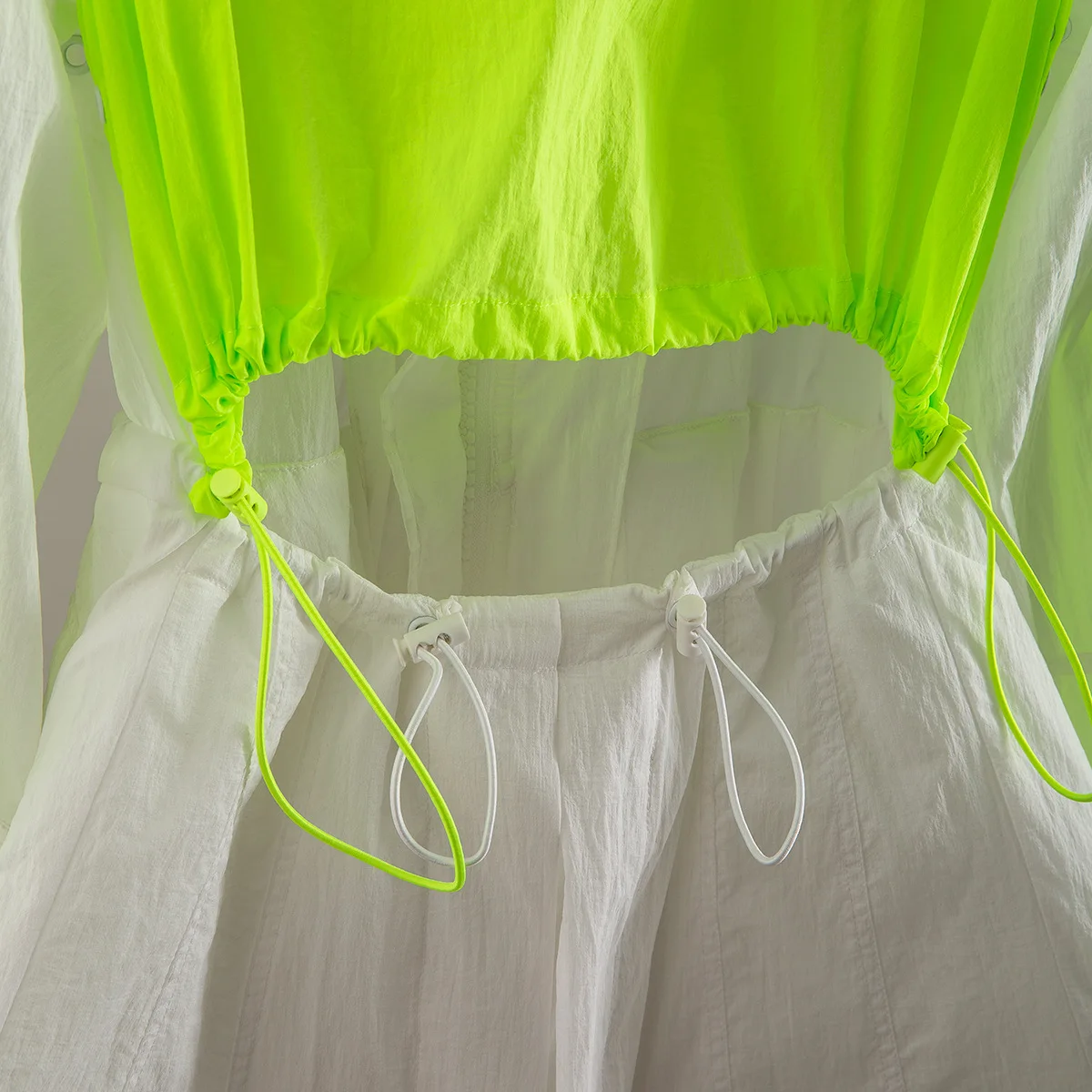 

2020 new high collr lantern sleeves green contrast white polyester drawstring waist adjust zippers cardigan rain jacket U906
