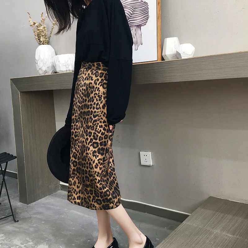 Sexy Leopard Print Suede Midi Pencil Skirt Women 2020 Fashion High Waist Office Lady Bodycon Skirts Saias