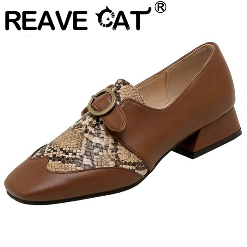 

REAVE CAT 2021 Lofers Flats Snake Print Patchwork Slip On Square Toe Belt Buckle 3cm Chunky Heel Shoes Size 32-46 Brown A4188